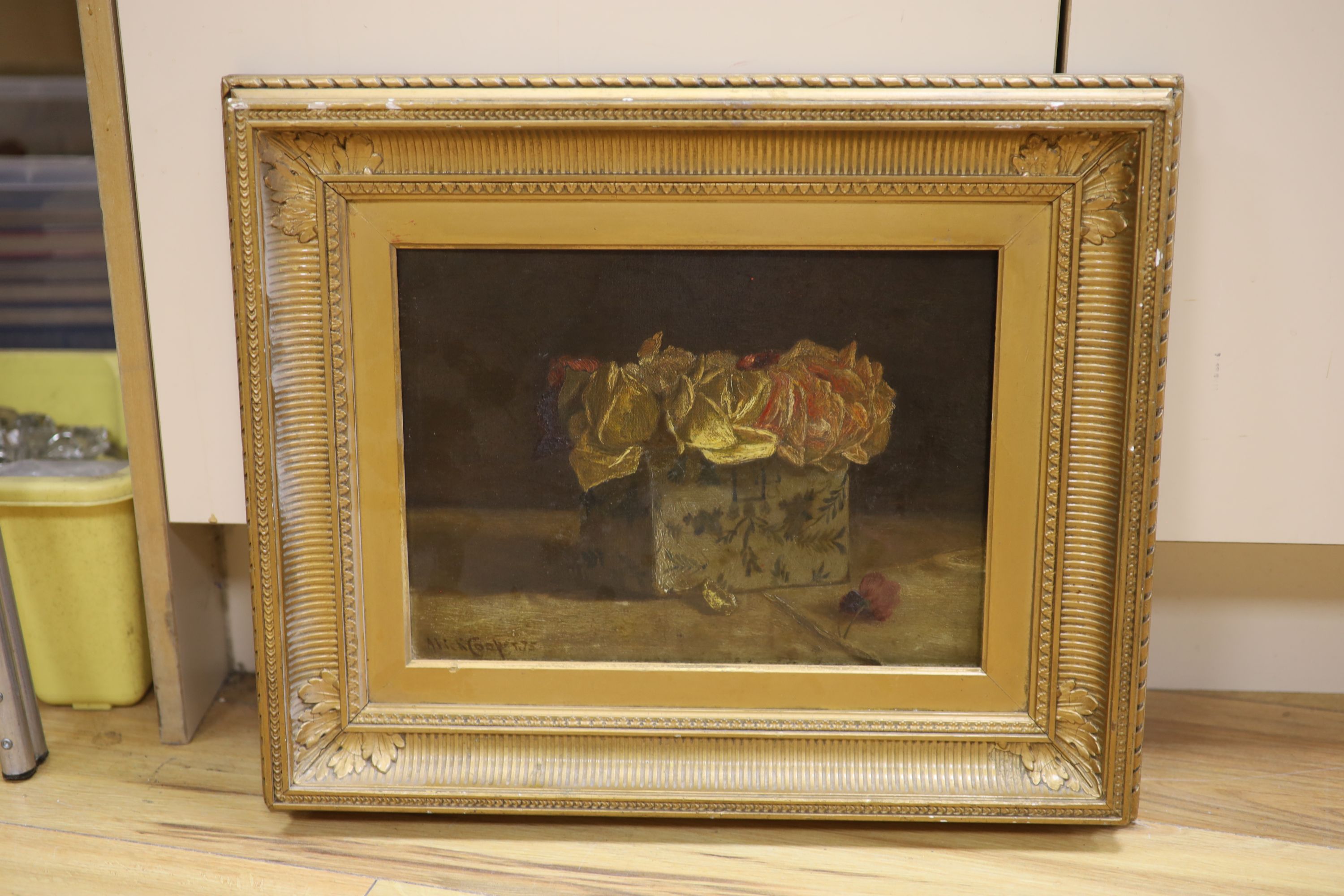 Alick Cooper, oil on canvas, Still life of roses in a flower brick, signed and dated '75, 24 x 32cm